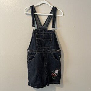 Vtg Denim Overall Shorts Black Grey Embroidered Y2K Kid Core Grunge Goth 90s